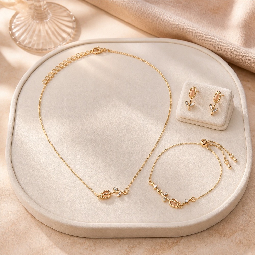 Gold Tone Tulip Flower Jewelry Set Necklace Bracelet Stud Earrings Crystal 3pc